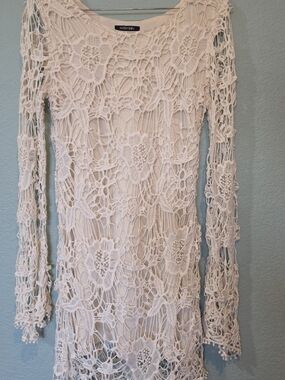 Papermoon Cotton Crochet Boho Mini Dress Cream Long Sleeve Lined Sz Small Cover